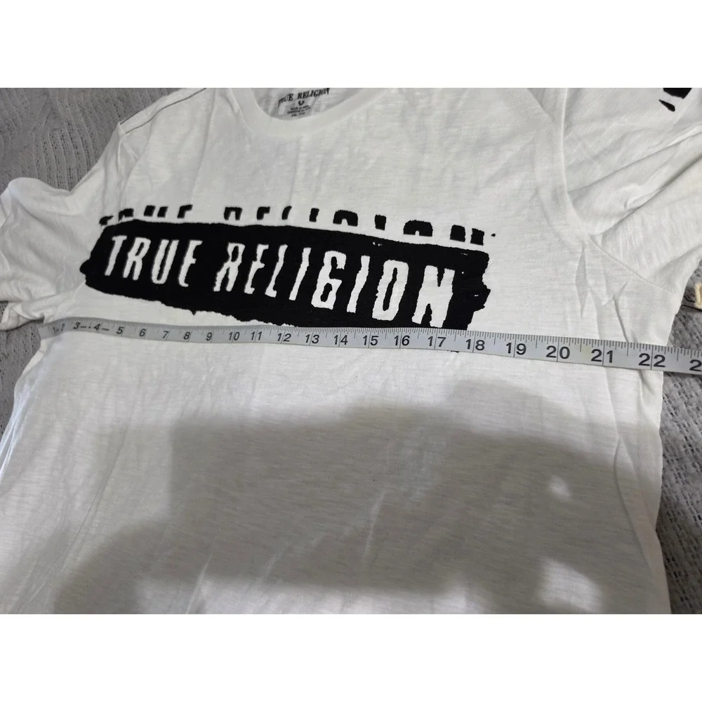 True Religion Mens Graphic Logo T-Shirt White Black 2XL Short Sleeve Slub Cotton